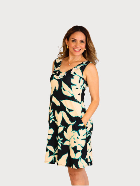 Ruffle Neck Skater Style tank dress with square back and Pocket - D2006